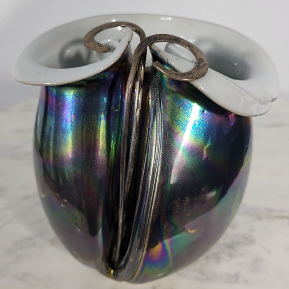 STUNNING VINTAGE IRIDESCENT STERLING SILVER FOLD OVER POTTERY CERAMIC VASE DISH - Picture 5 of 16
